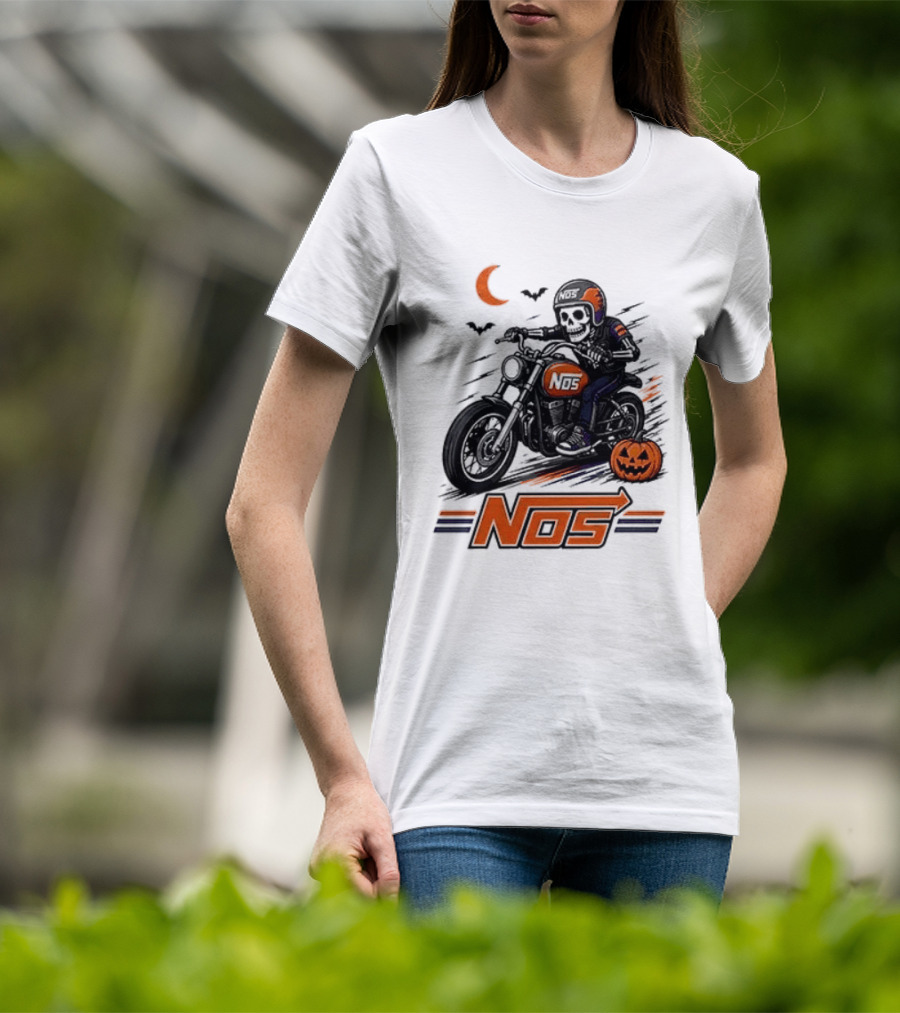 NOS Skeleton Biker Halloween Pumpkin Moon Bats T-Shirt