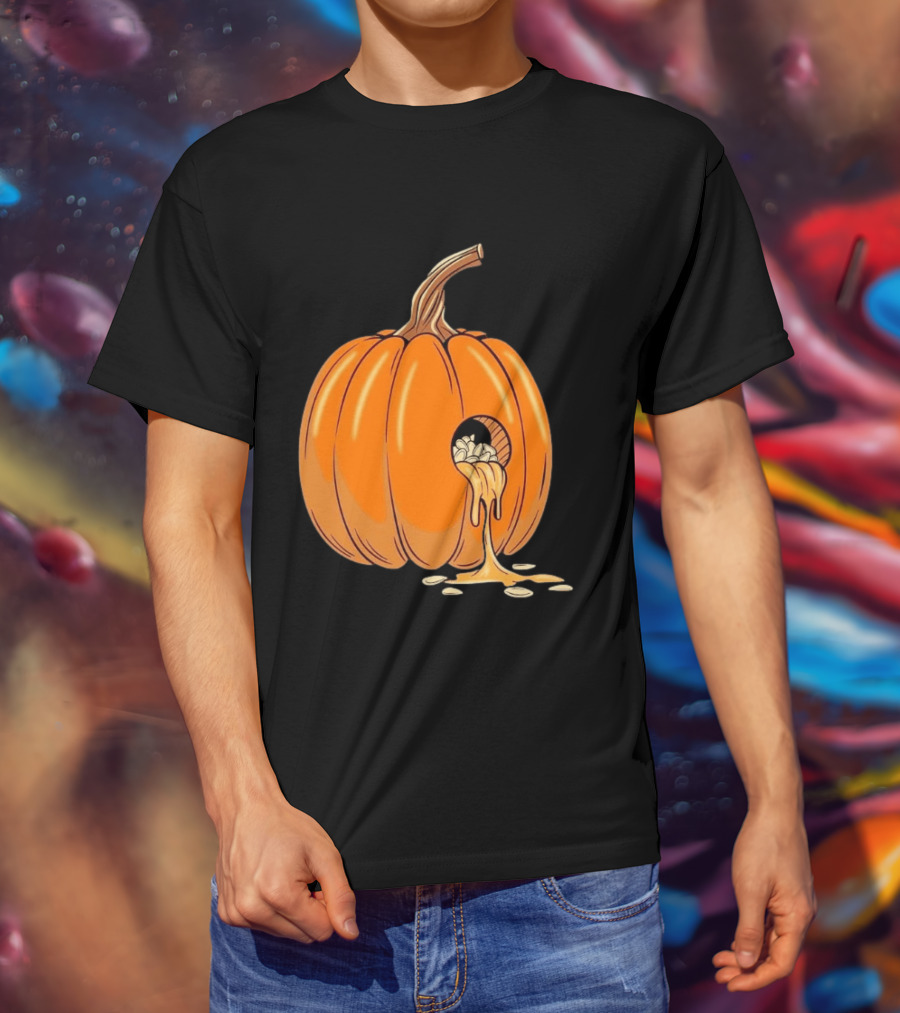 Gourdy Hole Halloween Pumpkin With Seeds Streaming Out T-Shirt