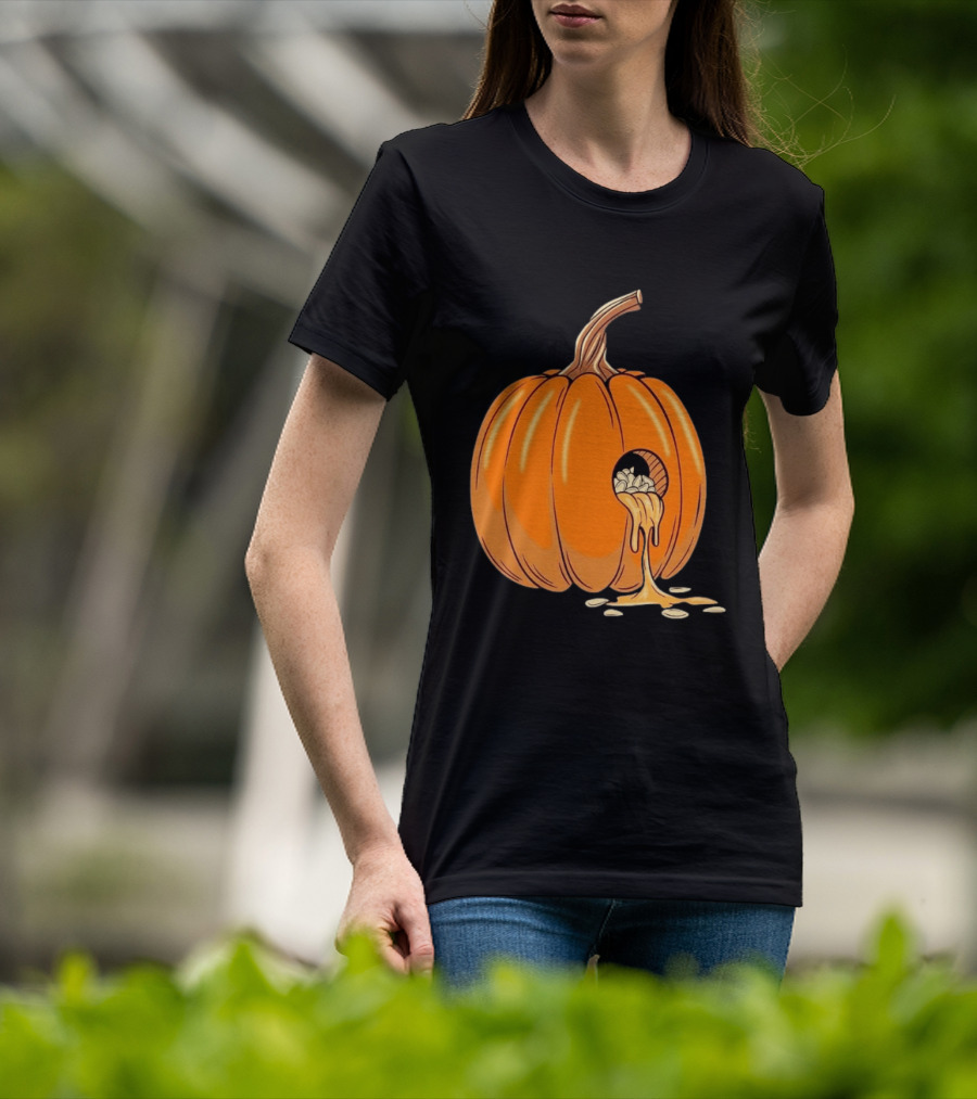 Gourdy Hole Halloween Pumpkin With Seeds Streaming Out T-Shirt