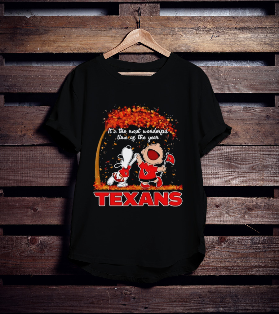 Snoopy And Charlie Brown It's The Most Wonderful Time Of The Year Texans Football Fan Celebration T-Shirt