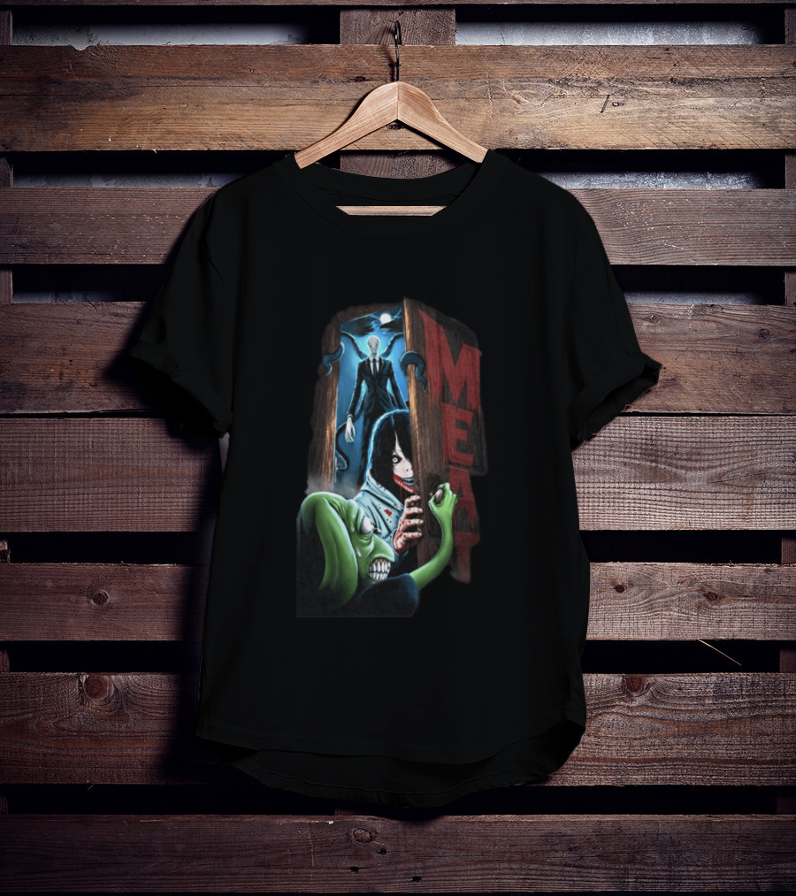 Meatcanyon Store Knock Knock Creepy Distressed Characters Horror Scene T-Shirt
