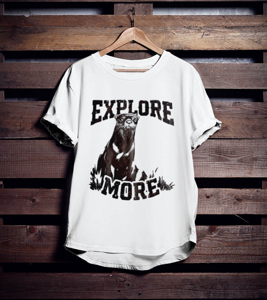 Explore More River Otter Tall Grass Distressed Woodcut Black White T-Shirt