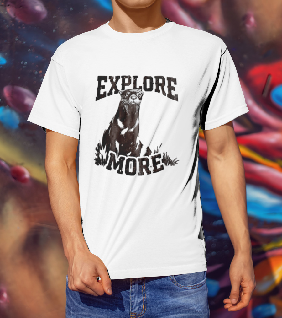 Explore More River Otter Tall Grass Distressed Woodcut Black White T-Shirt