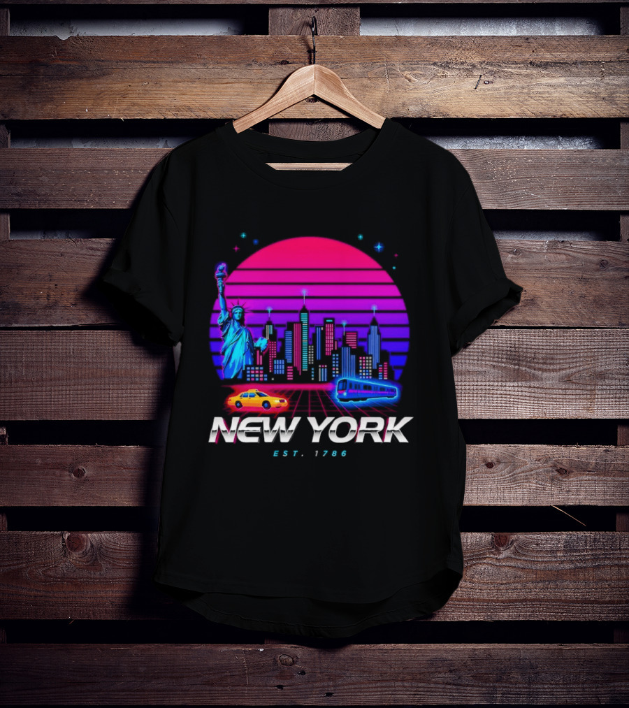 New York Est 1786 Cityscape Synthwave Statue Of Liberty Neon Skyline Retro Car T-Shirt