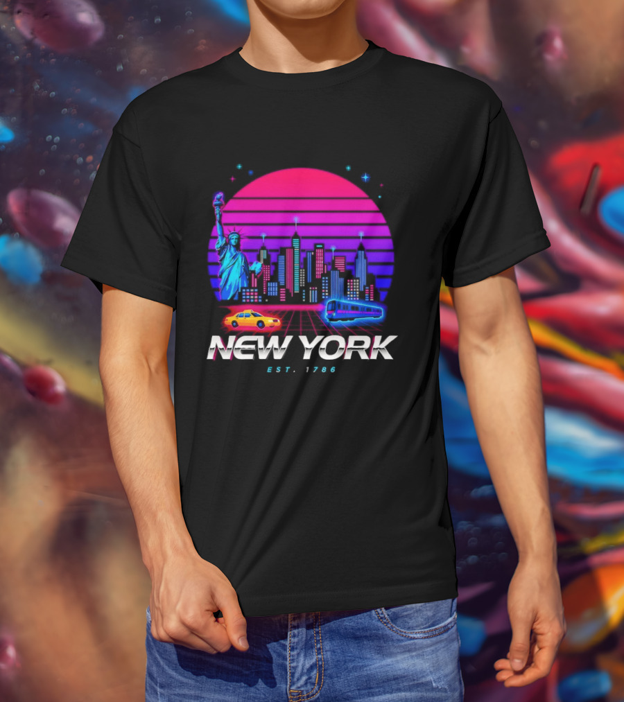 New York Est 1786 Cityscape Synthwave Statue Of Liberty Neon Skyline Retro Car T-Shirt