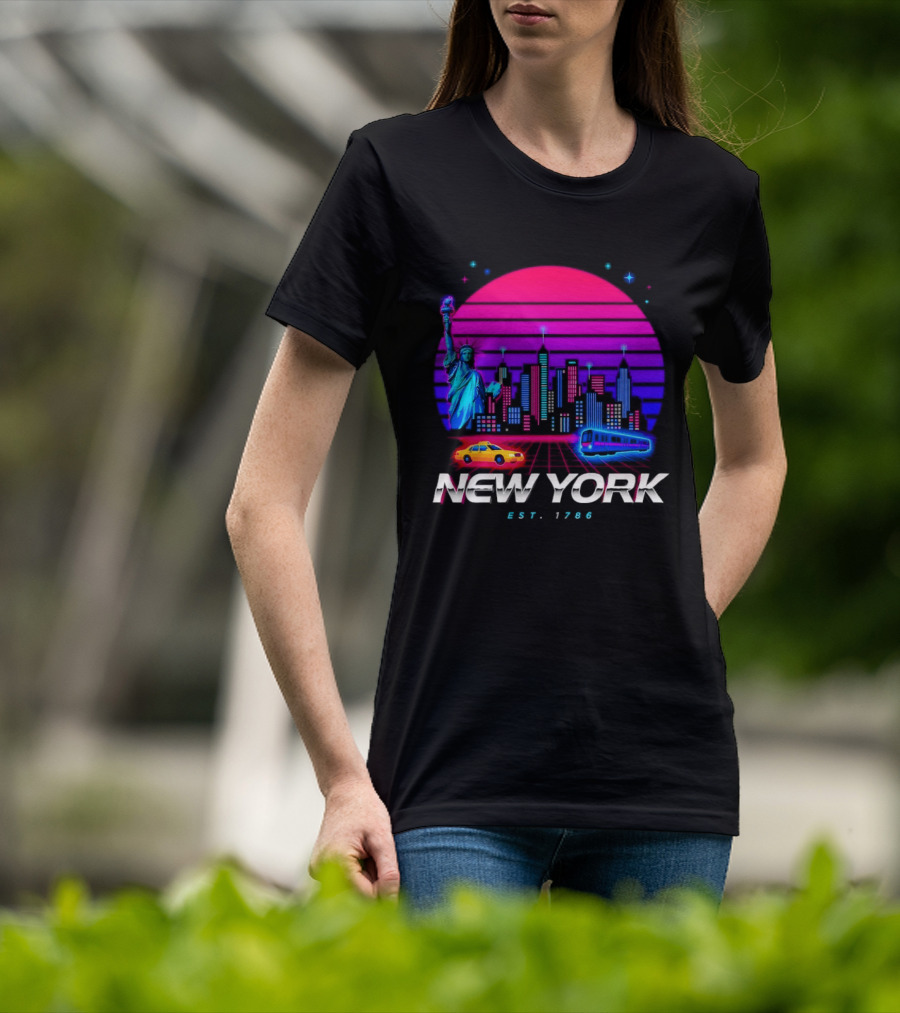 New York Est 1786 Cityscape Synthwave Statue Of Liberty Neon Skyline Retro Car T-Shirt