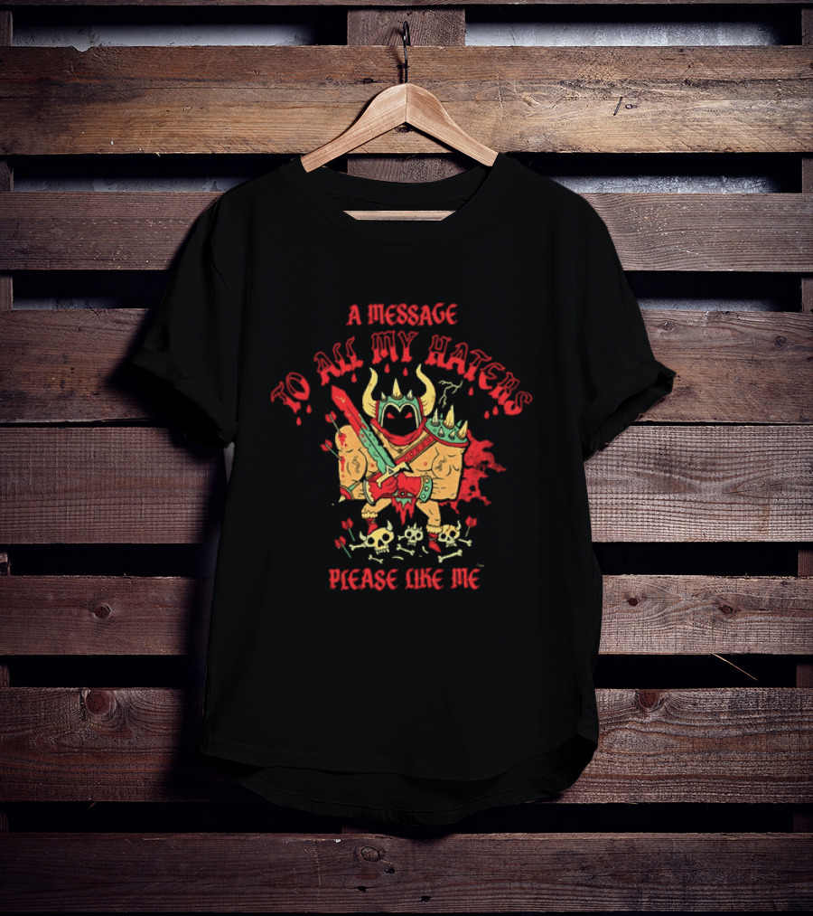 A Message To All My Haters Please Like Me Horned Warrior With Swords Skulls And Flames T-Shirt