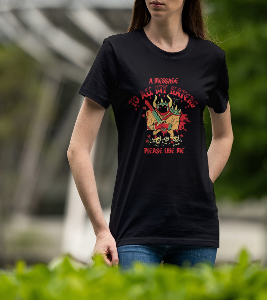 A Message To All My Haters Please Like Me Horned Warrior With Swords Skulls And Flames T-Shirt
