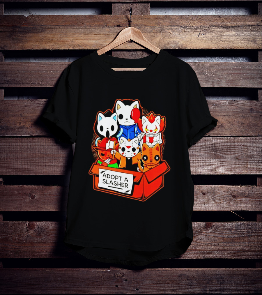 Adopt A Slasher Horror Movie Cat Characters Box Featuring Iconic Halloween Villains T-Shirt