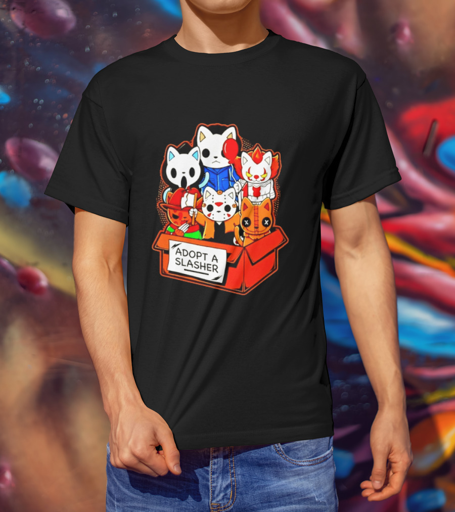 Adopt A Slasher Horror Movie Cat Characters Box Featuring Iconic Halloween Villains T-Shirt