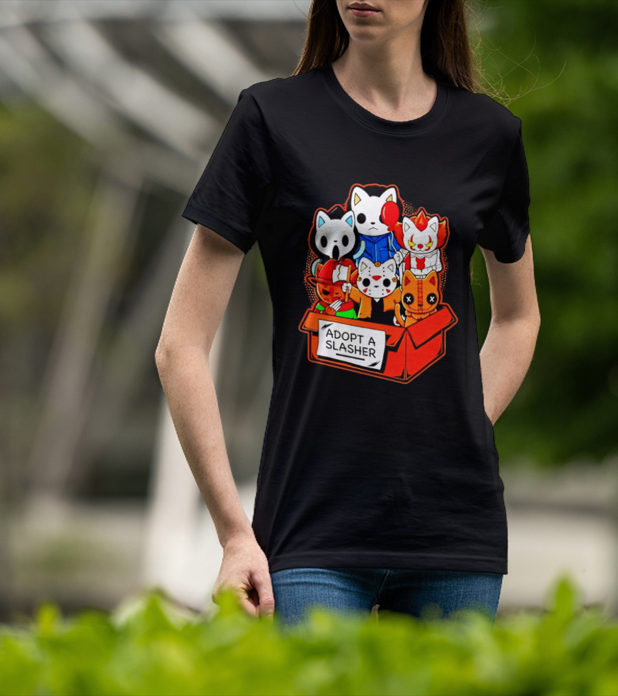 Adopt A Slasher Horror Movie Cat Characters Box Featuring Iconic Halloween Villains T-Shirt