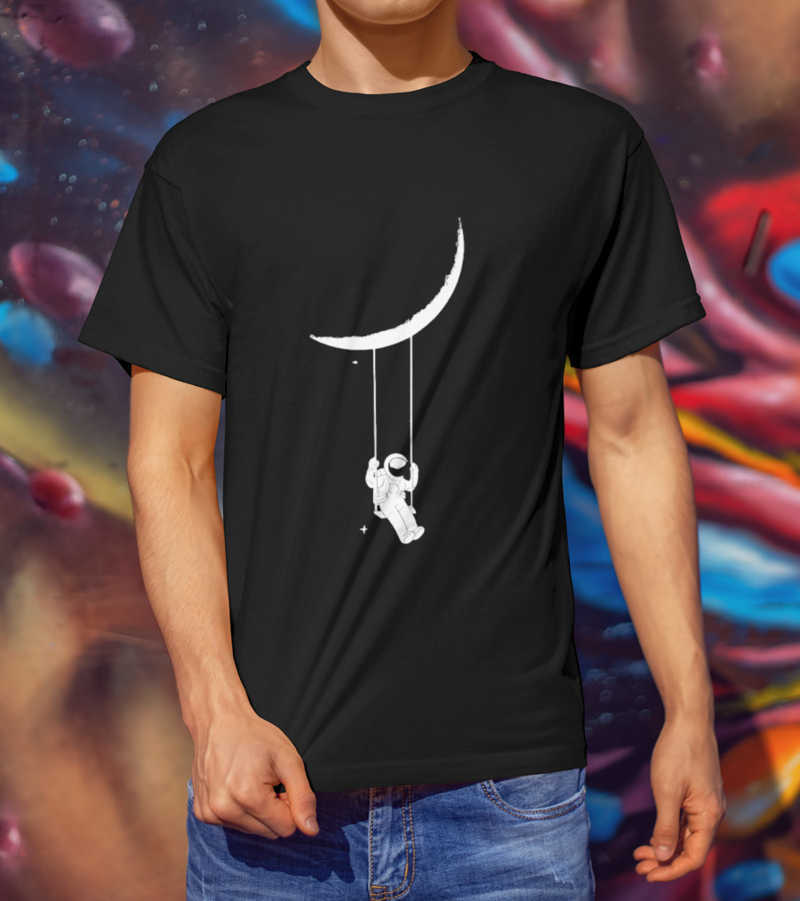 Astronaut Swinging On Crescent Moon Space Scene T-Shirt