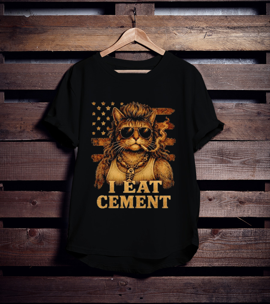 I Eat Cement Mullet Cat With Sunglasses And American Flag T-Shirt