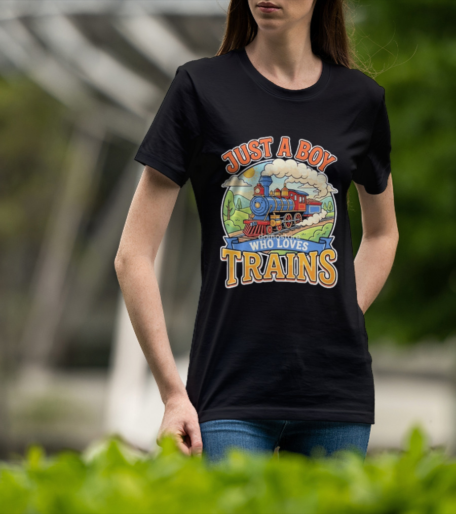 Just A Boy Who Loves Trains Colorful Locomotive Adventure T-Shirt