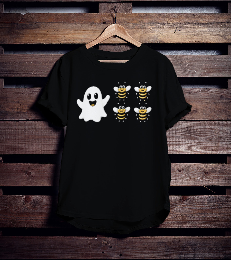 Cartoon White Ghost And Waving Four Bumblebees Cute T-Shirt