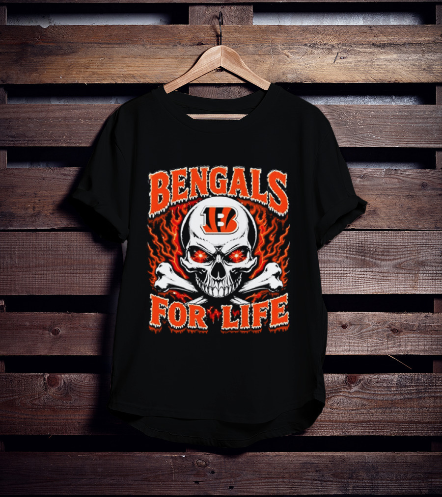 Bengals For Life Skull And Crossbones Fiery T-Shirt