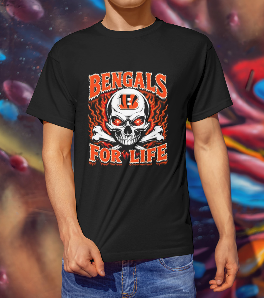 Bengals For Life Skull And Crossbones Fiery T-Shirt