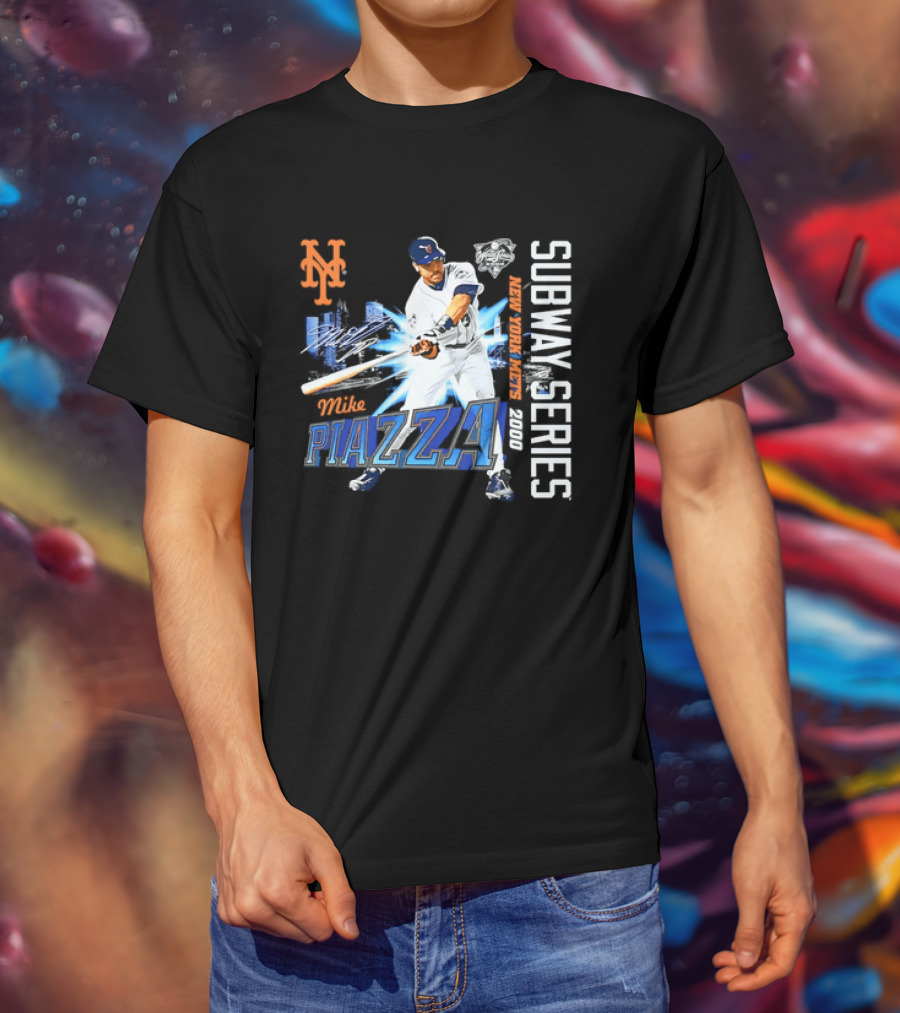 New York Mets Mike Piazza 2000 Subway Series Urban Baseball Action T-Shirt