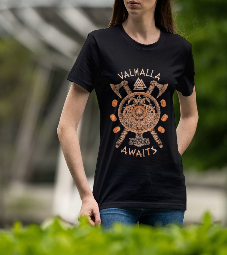 Valhalla Awaits Distressed Viking Shield Axes Norse Symbolism T-Shirt