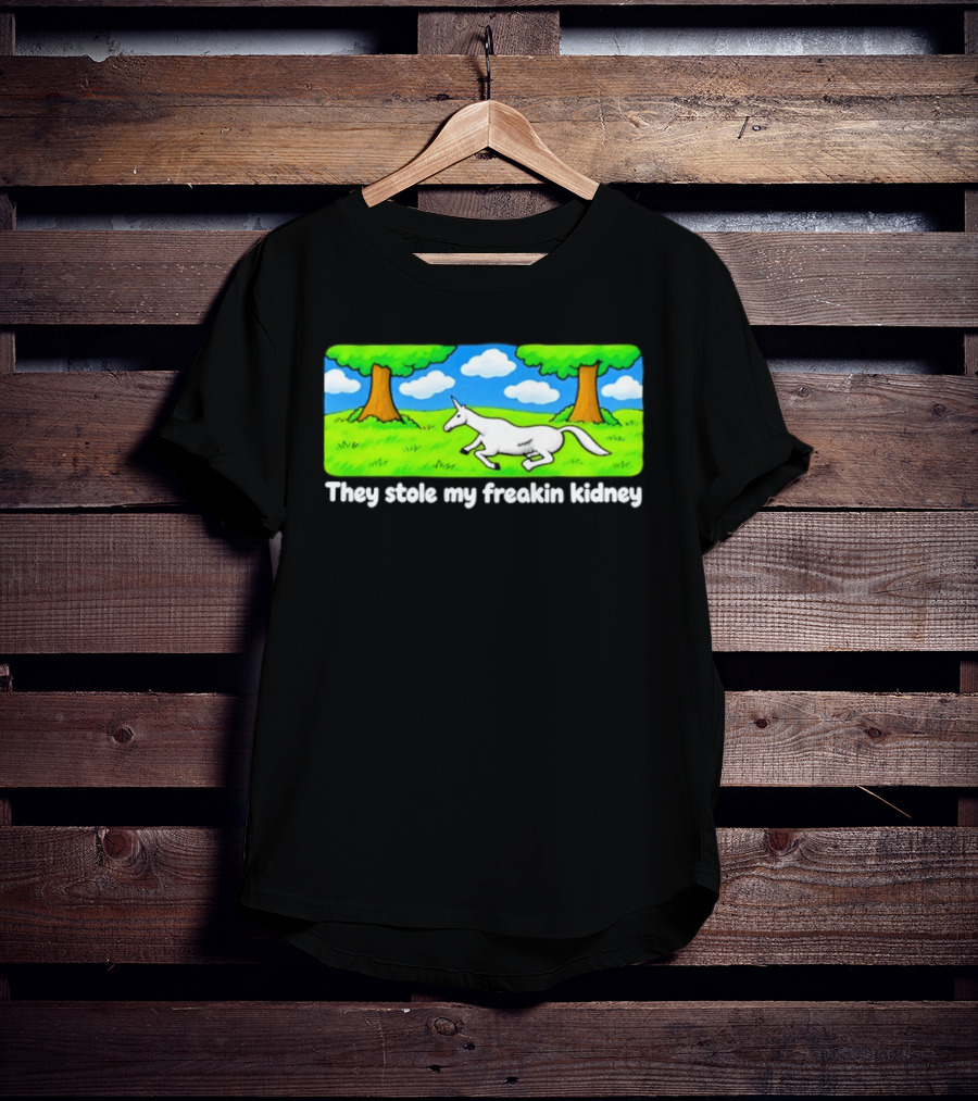 They Stole My Freakin Kidney Unicorn Cartoon Scene T-Shirt
