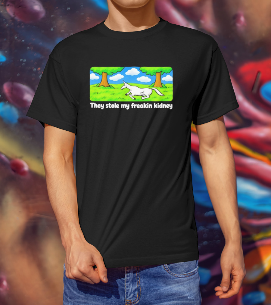 They Stole My Freakin Kidney Unicorn Cartoon Scene T-Shirt
