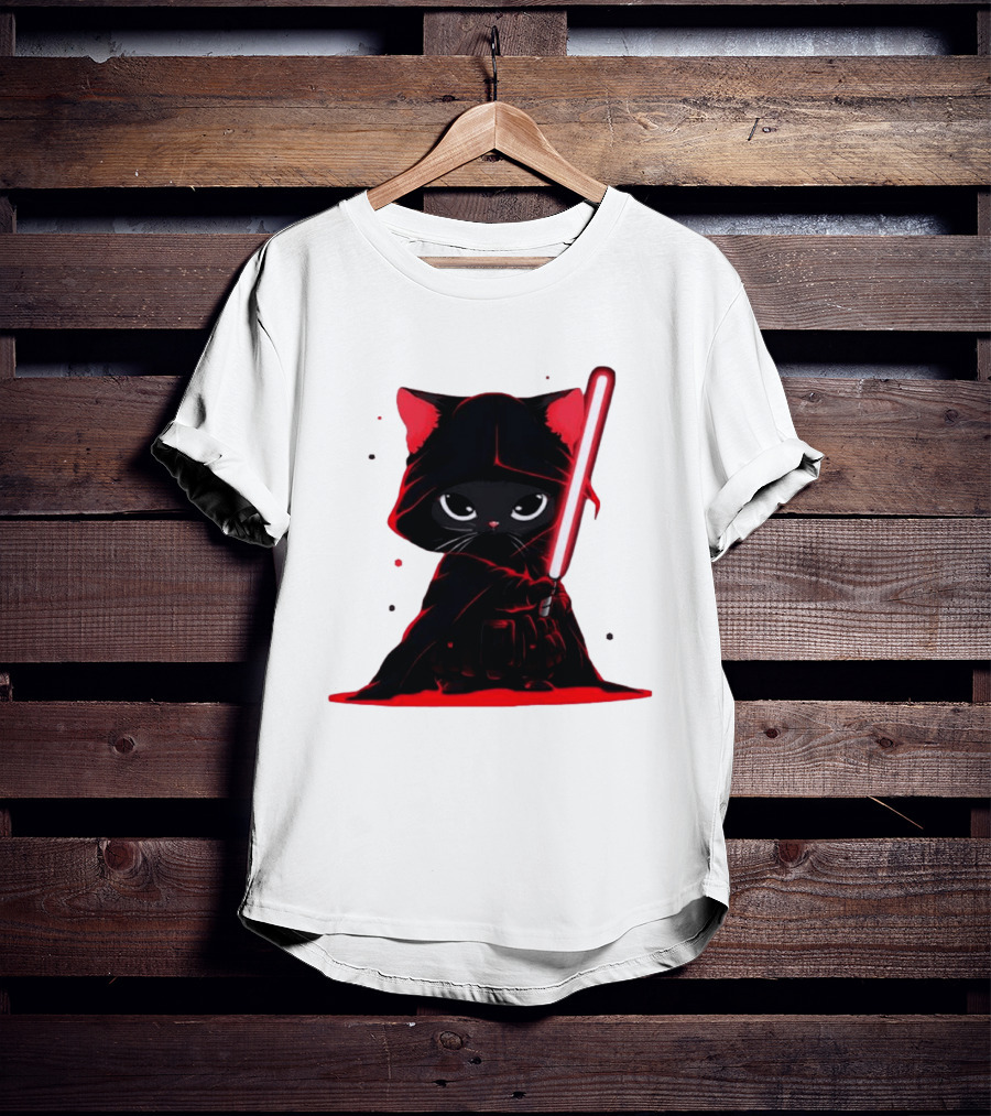 Black Cat Sith With Red Lightsaber Cloaked In Darkness T-Shirt