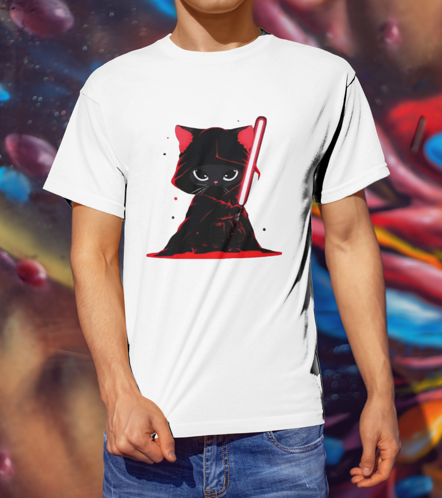 Black Cat Sith With Red Lightsaber Cloaked In Darkness T-Shirt