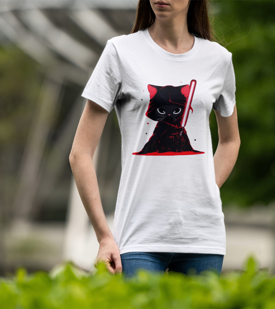 Black Cat Sith With Red Lightsaber Cloaked In Darkness T-Shirt