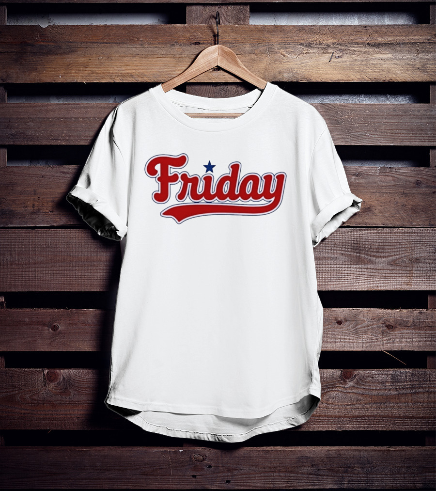 Friday Weekend Casual Baseball Style Script Red Text With Star T-Shirt