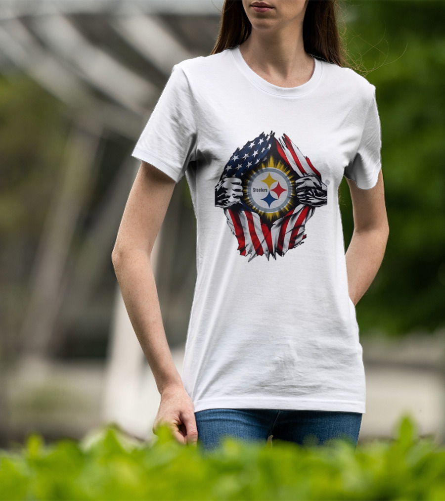 Pittsburgh Steelers American Flag Ripped Chest T-Shirt