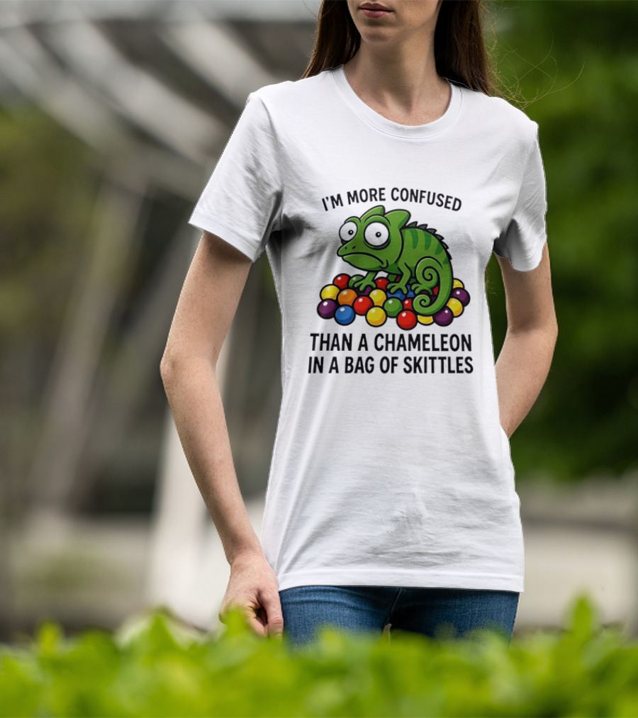 I'm More Confused Than A Chameleon In A Bag Of Skittles Colorful Chameleon And Candy Humor T-Shirt
