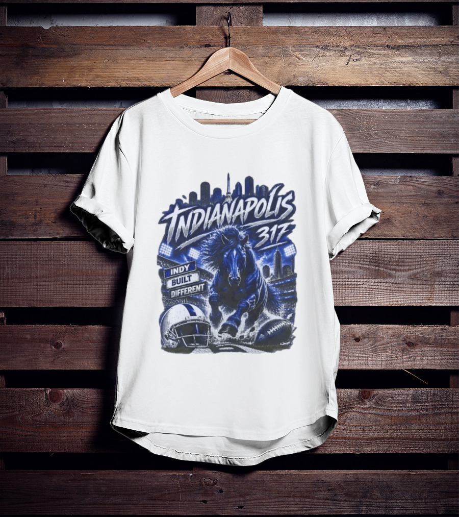 Indianapolis Colts 317 Indy Built Different Football Horse Helmet Skyline T-Shirt