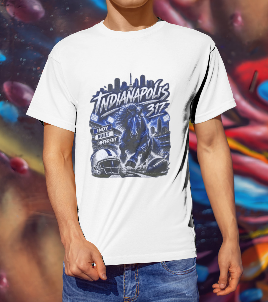 Indianapolis Colts 317 Indy Built Different Football Horse Helmet Skyline T-Shirt