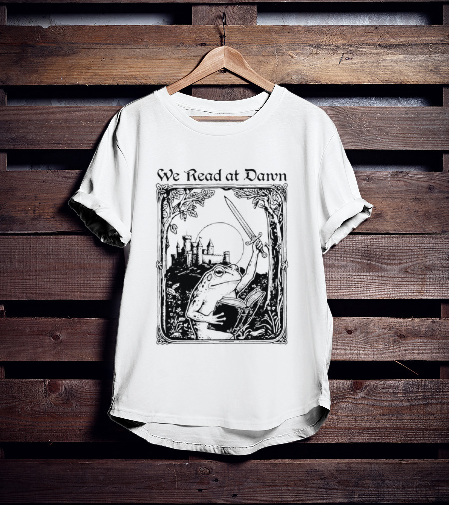 We Read At Dawn Frog Holding Sword And Book In Enchanted Forest T-Shirt