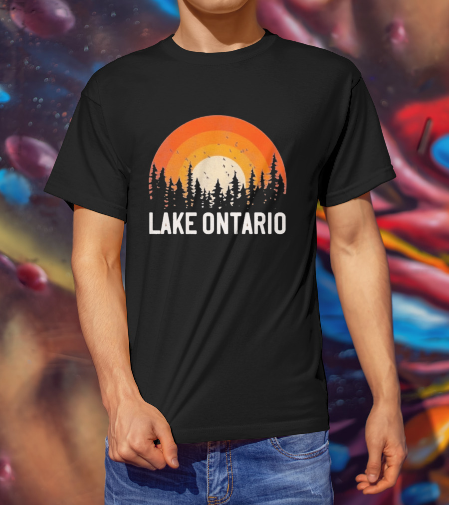 Lake Ontario Sunset Forest Birds Nature Scene With Orange Yellow Gradient T-Shirt