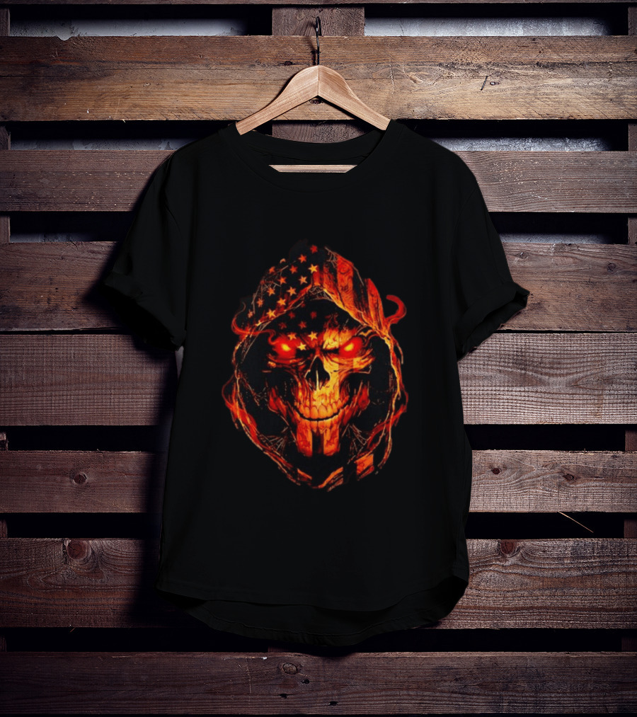 American Flag Skull Grim Reaper With Glowing Red Eyes T-Shirt
