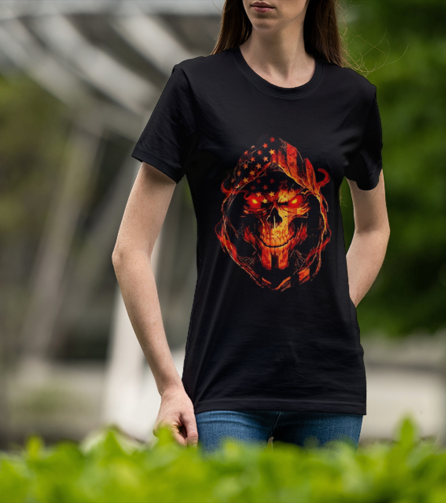 American Flag Skull Grim Reaper With Glowing Red Eyes T-Shirt