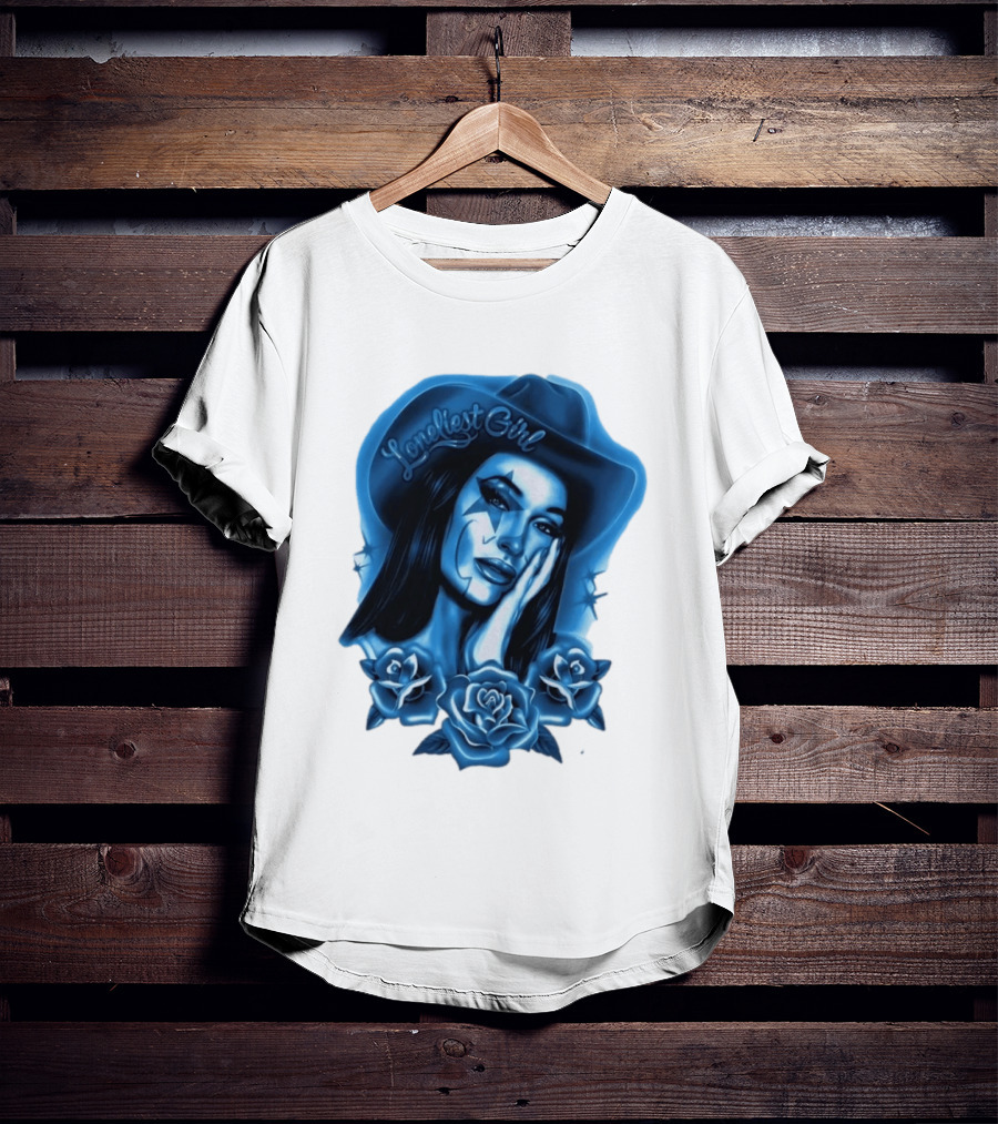 Loneliest Girl Airbrush Cowgirl In Blue With Roses T-Shirt