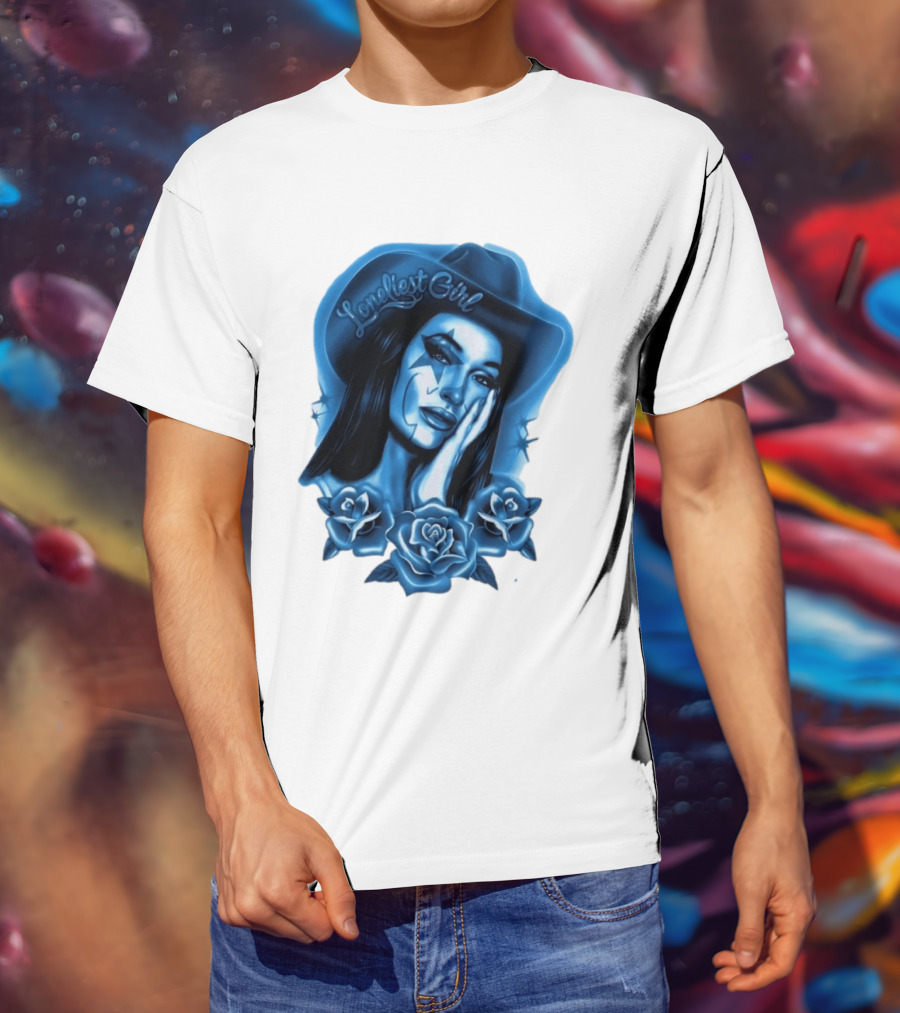 Loneliest Girl Airbrush Cowgirl In Blue With Roses T-Shirt