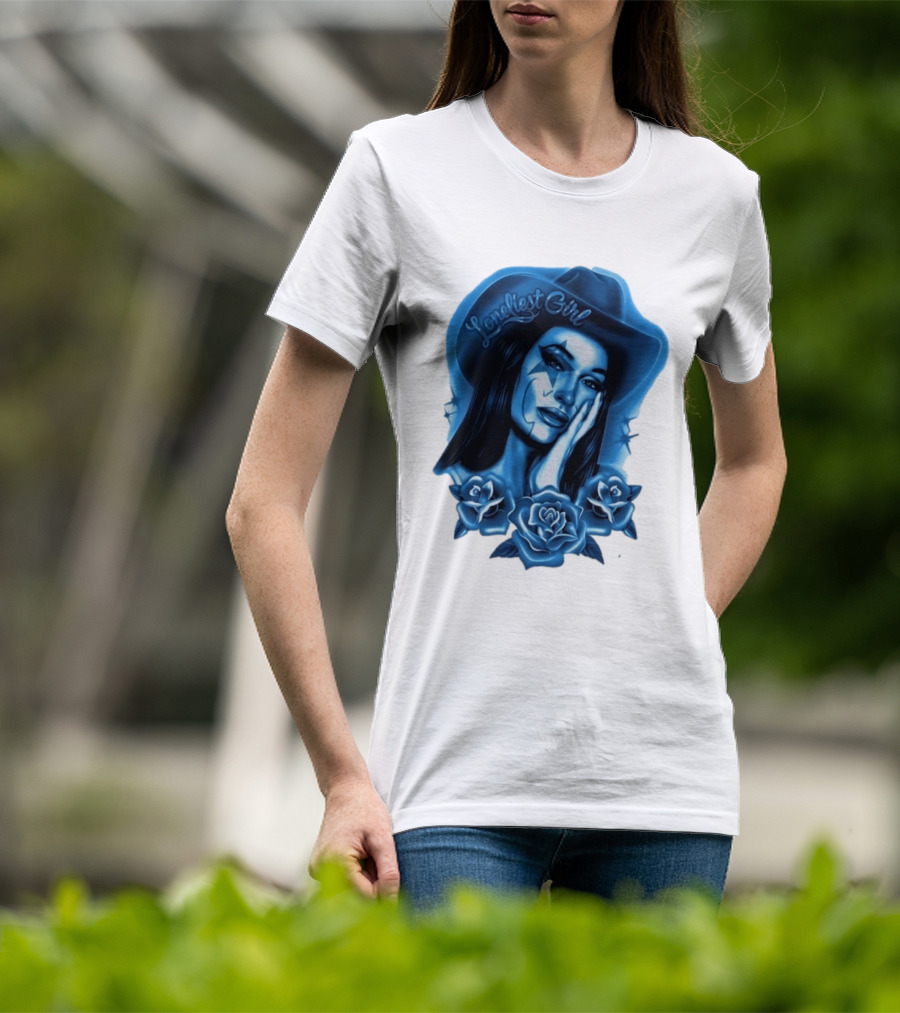 Loneliest Girl Airbrush Cowgirl In Blue With Roses T-Shirt