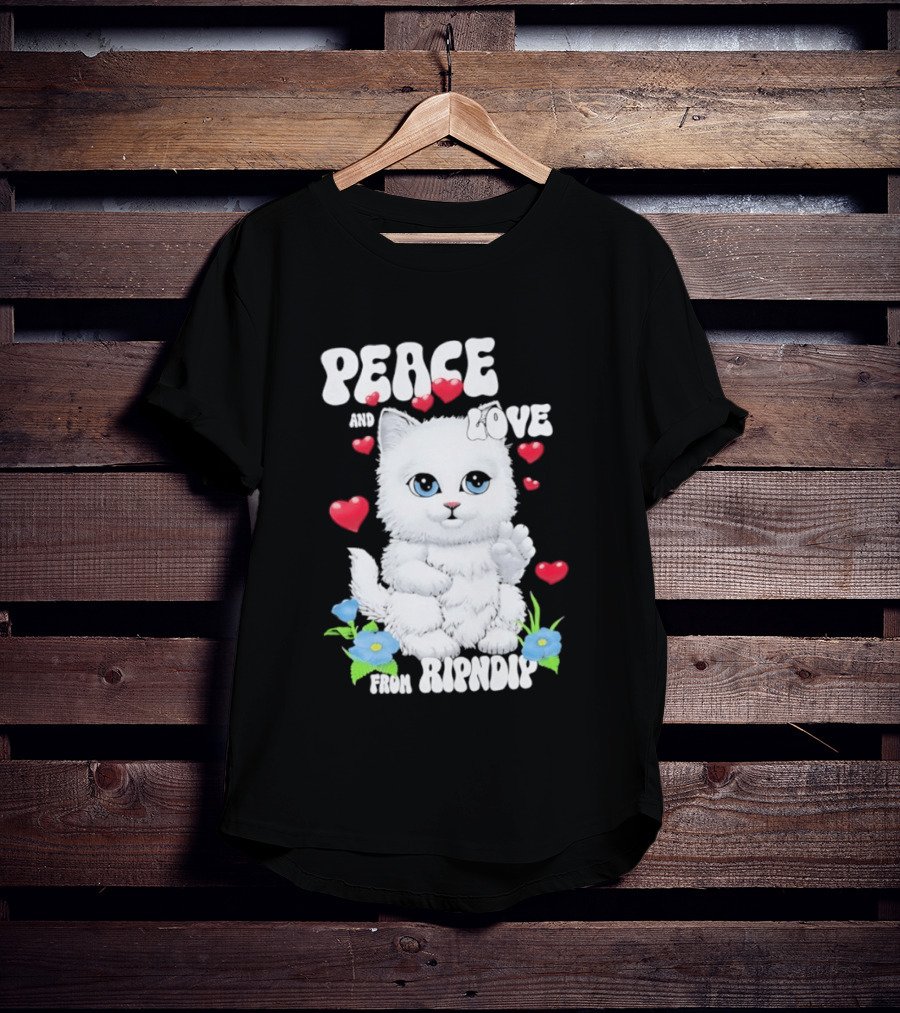 Peace And Love Ripndip Cat Kitten Hearts And Flowers T-Shirt