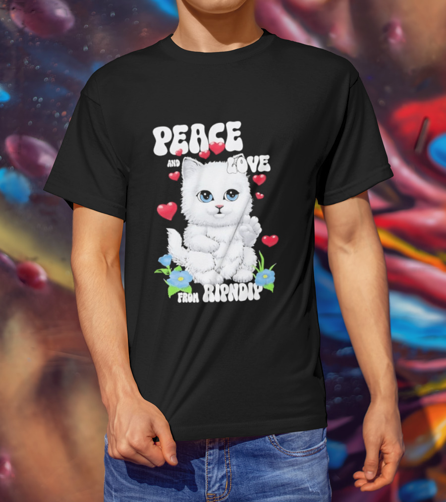 Peace And Love Ripndip Cat Kitten Hearts And Flowers T-Shirt