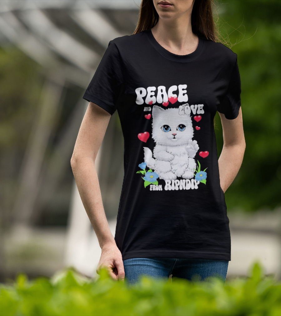 Peace And Love Ripndip Cat Kitten Hearts And Flowers T-Shirt