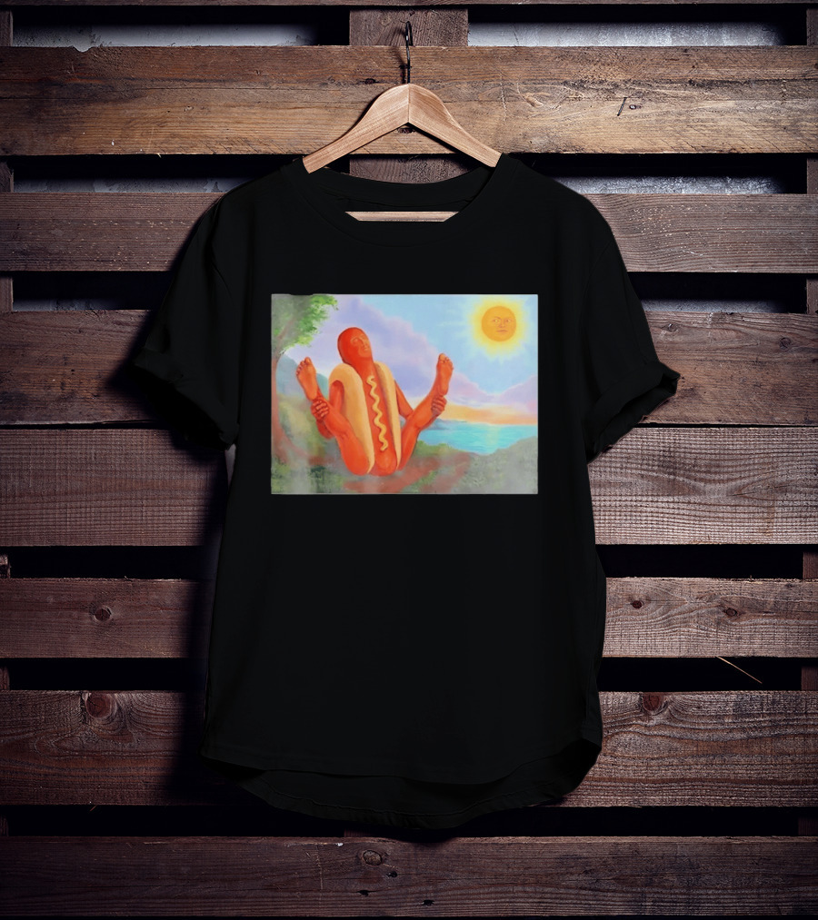 Surreal Hot Dog Doing Yoga At Sunrise With Smiling Sun T-Shirt