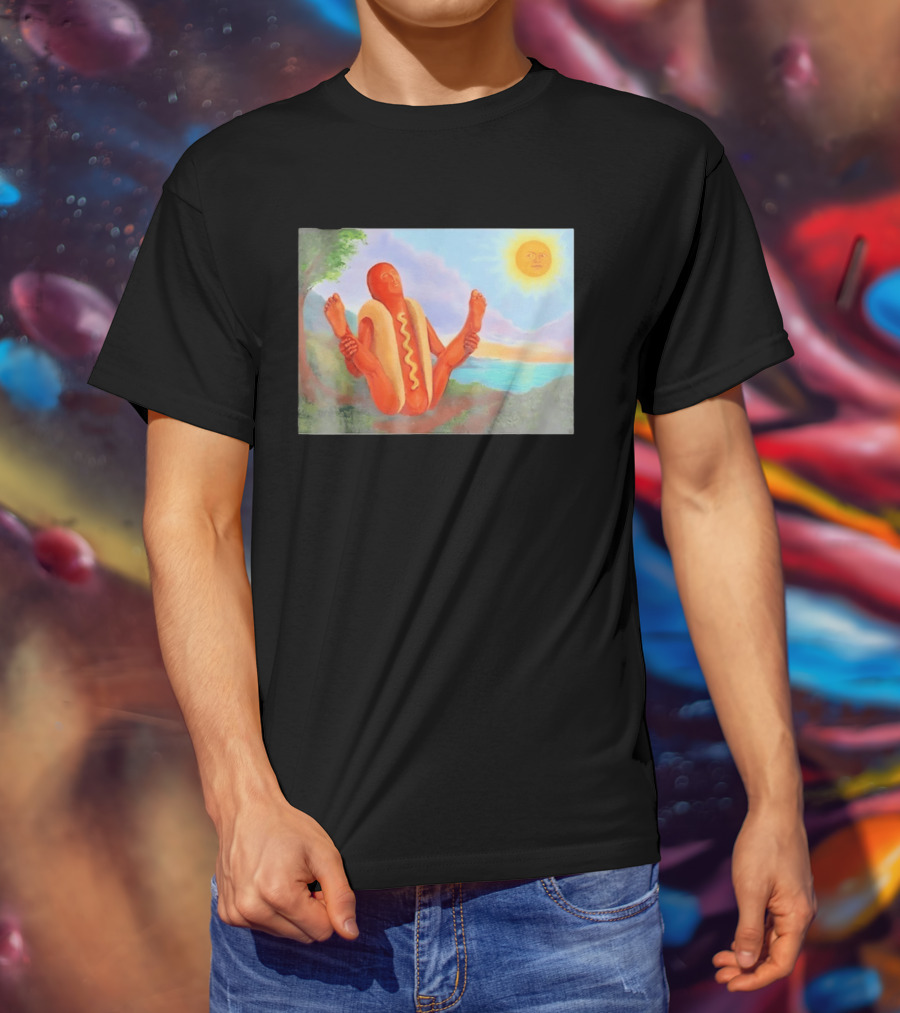 Surreal Hot Dog Doing Yoga At Sunrise With Smiling Sun T-Shirt