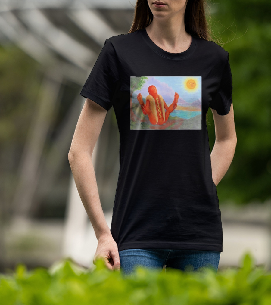 Surreal Hot Dog Doing Yoga At Sunrise With Smiling Sun T-Shirt