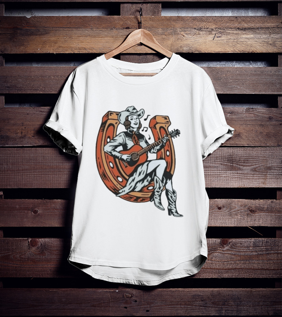 Cowgirl Playing Guitar On Horseshoe Classic Western Music Scene T-Shirt