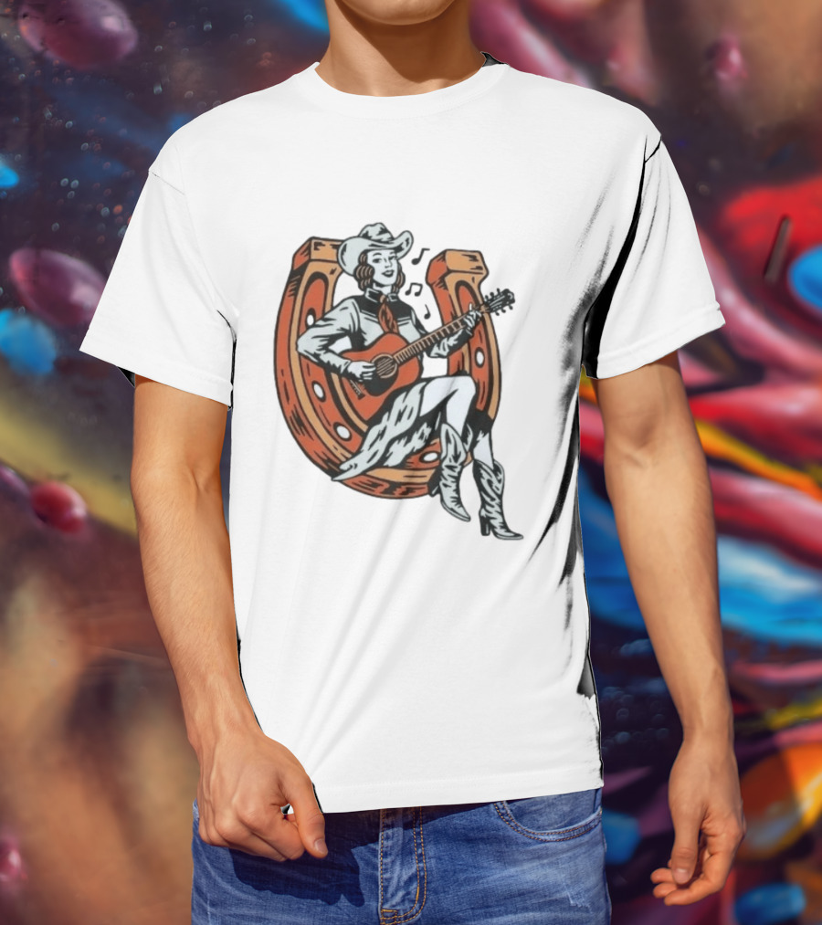Cowgirl Playing Guitar On Horseshoe Classic Western Music Scene T-Shirt