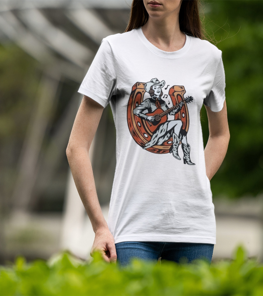 Cowgirl Playing Guitar On Horseshoe Classic Western Music Scene T-Shirt