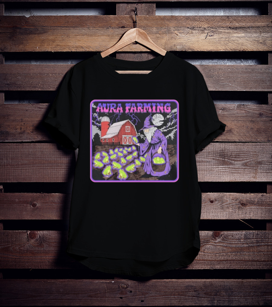 Aura Farming Moonlit Sorcerer Harvests Glowing Frogs Barn Wizard Magic T-Shirt